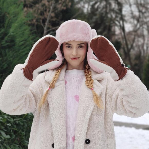 ⚡Women's Beige Genuine Suede Outdoor Mitt Thermal Lined Finger Liners Mitten - Picture 7 of 7